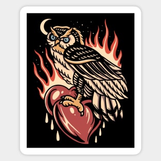 Vintage Owl and Flaming Heart Sticker